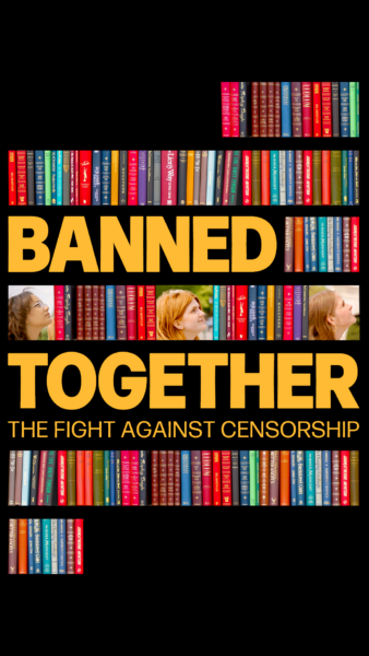 illustration of colorful  library book shelves with the words Banned Together in gold