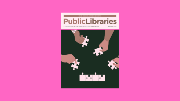 cover of pl may june and illustration of four hands holding puzzle pieces and placing them toward a line of completed puzzle section on a black background page over a pink background overall
