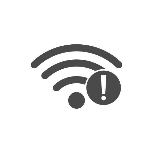 wifi signal with an exclamation mark all in black on white background