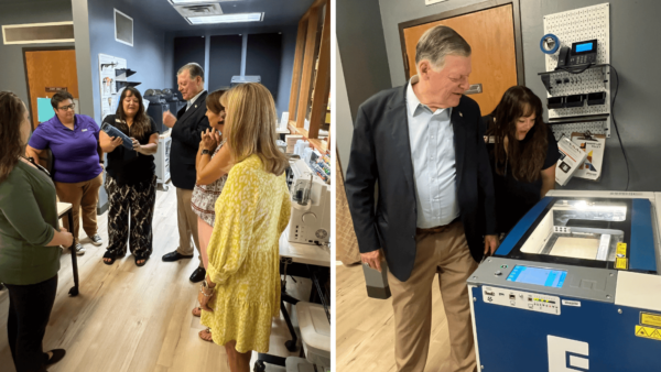 2 photos next to each other of people standing in a circle in a public library's Maker Lab, surrounded by computer equipment. In the 2nd picture, 2 people inspect 1 of the machines. In these pictures, the group inspects a tumbler cup made in the Pioneer Library System Maker Labs while they discuss available programs and machines.