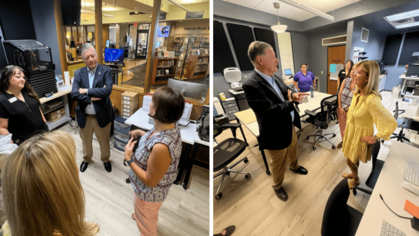 2 photos next to each other of groups of people standing in a circle in a public library's Maker Lab. The group discussed the Pioneer Library System's goal of increasing STEAM accessibility through their Maker Labs and other educational programs, including their partnership with local schools. 