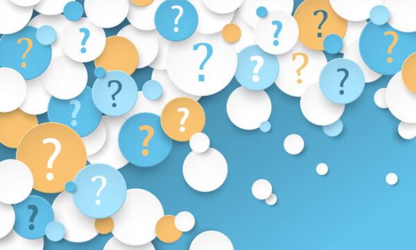 blue white and yellow circles with question marks on the circles against a sky blue background