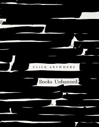 A blackout-style image with most of the text obscured by thick black lines. In the center, the visible words read “CLICK ANYWHERE” and “Books Unbanned.”