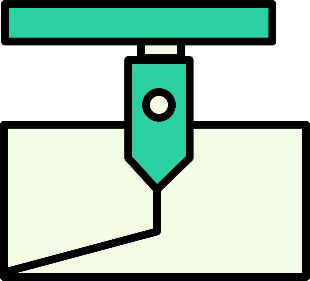 Illustration of a laser cutting machine in action. A teal-colored laser nozzle is positioned above a rectangular work surface, directing a beam that cuts a line into the light green material below. The image represents fabrication or makerspace technology such as a laser cutter.