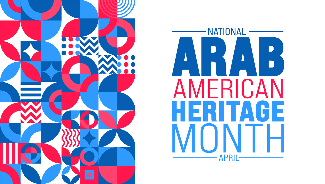 Graphic celebrating National Arab American Heritage Month in April, with a mosaic of red and blue geometric patterns on the left and large, bold text on the right reading “National Arab American Heritage Month – April.”