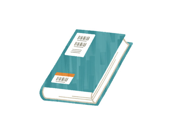 illustration of a green book with an RFID scannable tag on the back