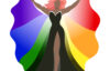 woman's figure clad in a black dress with a cloak in pride colors outstretched around her