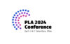 Three half circles spooned inside each other first pink, then purple, then blue next to the words pla 2024 conference in black