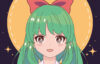 manga style girl with long green hair a bow tie and a bow in her hair she is standing in front of a yellow full moon and a starry sky