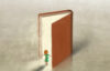 illustration of small person or child in a green dress standing before and holding open a giant brown book with a light emanating from within the book