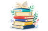 illustration of stack of books in a variety of colors with green red and blue ferns and plant leaves sticking out behind the stack